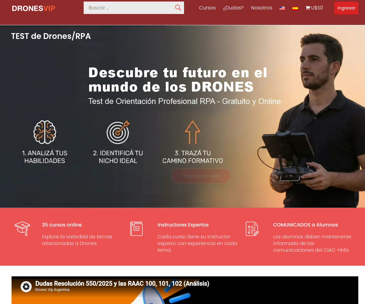 Página de inicio de Drones VIP, plataforma educativa y cursos de drones
